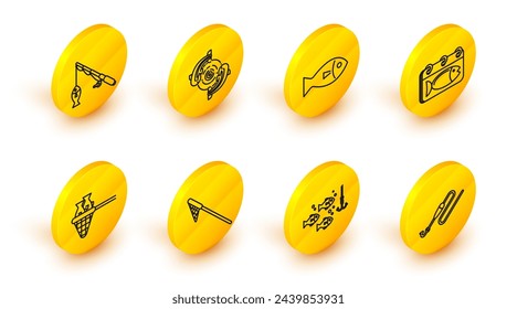 Fila Línea de pesca con anzuelo y flotador, bajo el pez de agua, red, calendario e icono de caña. Vector