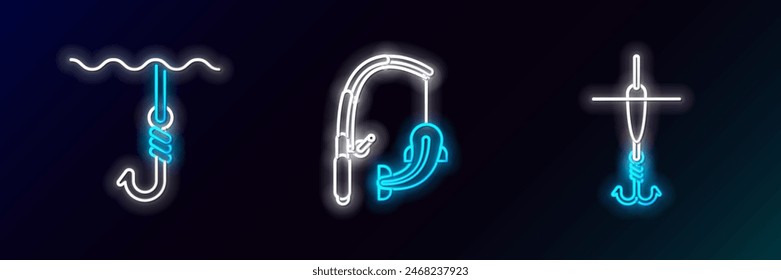 Set line Fishing hook and float, under water and rod fish icon. Glowing neon. Vector