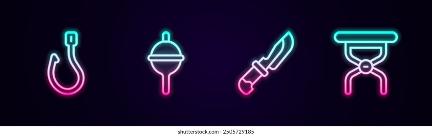 Set line Fishing hook, float, Knife and Camping folding chair. Glowing neon icon. Vector
