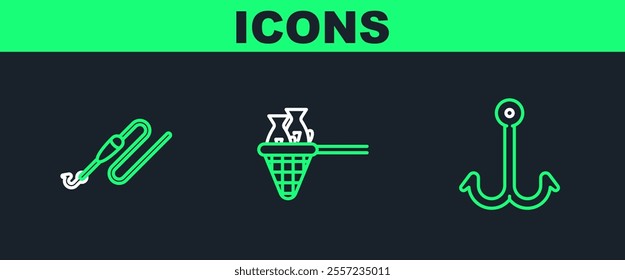 Set line Fishing hook, line with and float and net fish icon. Vector