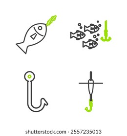 Set line Fishing hook and float, under water with fish and on icon. Vector