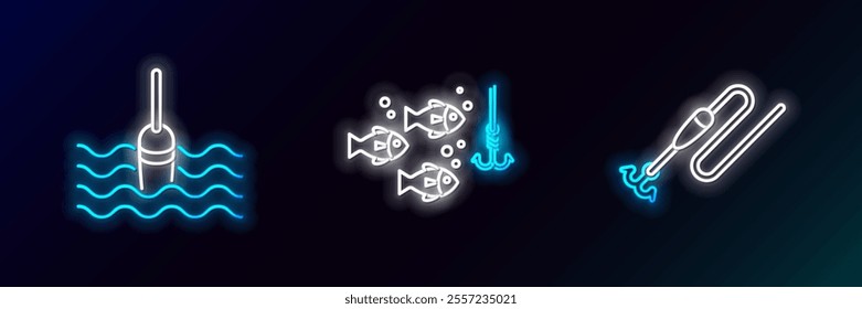 Set line Fishing line with hook and float, water and under fish icon. Glowing neon. Vector