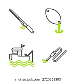 Set line Fishing line with hook and float, boat fishing rod on water, spoon and  icon. Vector