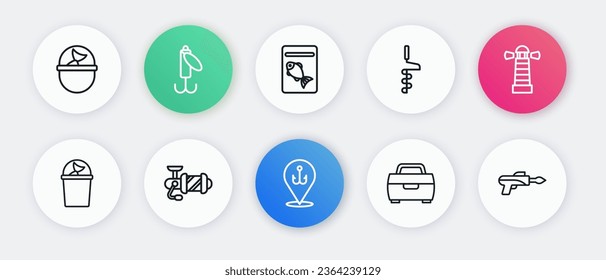 Set line Fishing hook, Lighthouse, bucket with fish, Case or box for fishing equipment, Hand ice drill, Served on plate, harpoon and Spinning reel icon. Vector