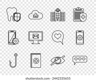 Set line Fishing hook, Like and heart, Medical hospital building, book, Dental protection, Monitor envelope, Invisible hide and Setting smartphone icon. Vector