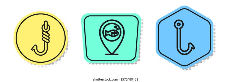 Set line Fishing hook, Location fishing and Fishing hook. Colored shapes. Vector