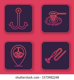 Set line Fishing hook, Location fishing, Fishing net in water and Fishing line with hook and float. Blue square button. Vector