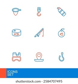 Set line Fishing hook, Location fishing, Diving mask, Bomb, Canned, rod, Aqualung and Spring scale icon. Vector