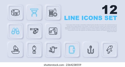Set line Fishing hook, lure, rod, Carabiner, Binoculars, Camping folding chair and Swiss army knife icon. Vector
