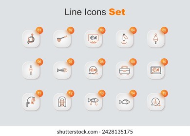 Set line Fishing hook, lure, Inflatable boat with motor, rod and fish, finder echo sounder,  and  icon. Vector svg