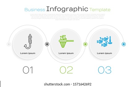 Set line Fishing hook, Fishing net with fish and Fishing hook under water with fish. Business infographic template. Vector