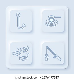 Set line Fishing hook, Fishing net in water, Fish and Fishing rod and fish. White square button. Vector