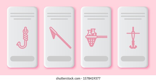 Set line Fishing hook, Fishing net, Fishing net with fish and Fishing hook and float. White rectangle button. Vector