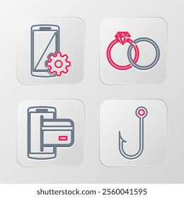 Set line Fishing hook, NFC Payment, Wedding rings and Setting on smartphone icon. Vector