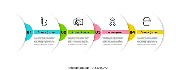 Juego de línea Gancho de pesca, cámara de fotos, fogata y olla de camping. Plantilla de infografía de negocios. Vector