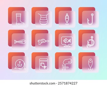 Set line Fishing hook, Served fish on plate, Location fishing, Outboard boat motor, harpoon, lure, boots and net icon. Vector