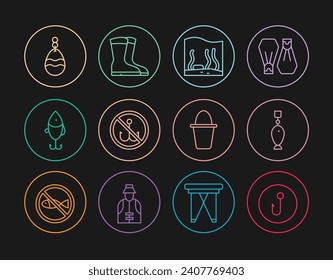 Set line Fishing hook, spoon, Aquarium, No fishing, lure, bucket and boots icon. Vector