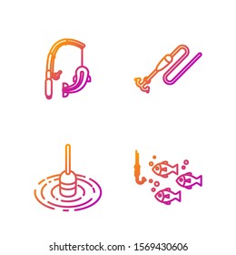 Set line Fishing hook under water with fish, Fishing float in water, Fishing rod and fish and Fishing line with hook and float. Gradient color icons. Vector