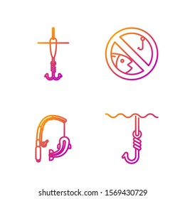 Set line Fishing hook under water, Fishing rod and fish, Fishing hook and float and No fishing. Gradient color icons. Vector