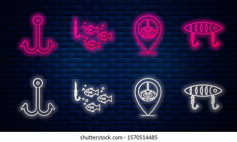 Set line Fishing hook under water with fish, Location fishing, Fishing hook and Fishing lure. Glowing neon icon on brick wall. Vector