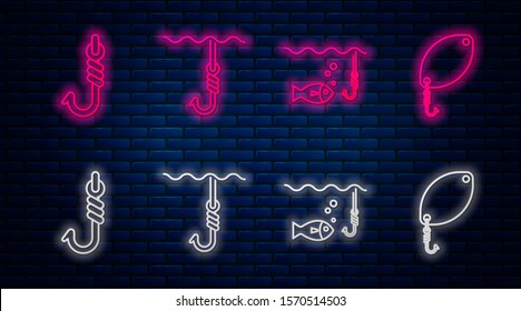 Set line Fishing hook under water, Fishing hook under water with fish, Fishing hook and Fishing spoon. Glowing neon icon on brick wall. Vector