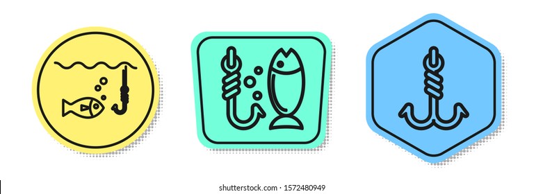 Set line Fishing hook under water with fish, Fishing and Fishing hook. Colored shapes. Vector