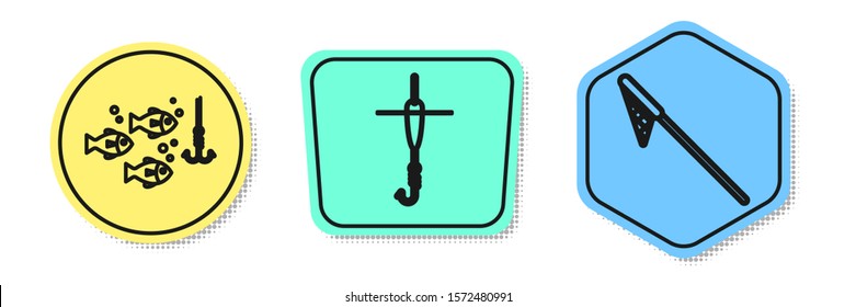 Set line Fishing hook under water with fish, Fishing hook and float and Fishing net. Colored shapes. Vector