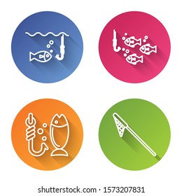 Set line Fishing hook under water with fish, Fishing hook under water with fish, Fishing and Fishing net. Color circle button. Vector