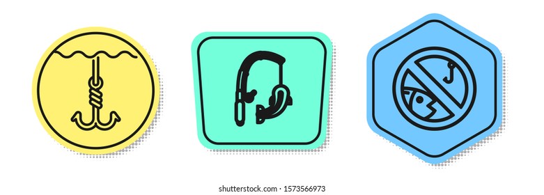 Set line Fishing hook under water, Fishing rod and fish and No fishing. Colored shapes. Vector