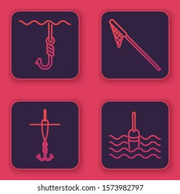Set line Fishing hook under water, Fishing hook and float, Fishing net and Fishing float in water. Blue square button. Vector
