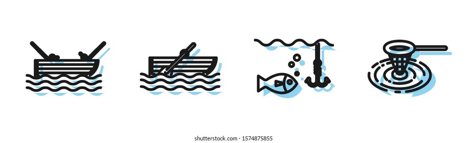 Set line Fishing hook under water with fish, boat with fishing rod on water, Fishing boat with oars on water and Fishing net in water icon. Vector