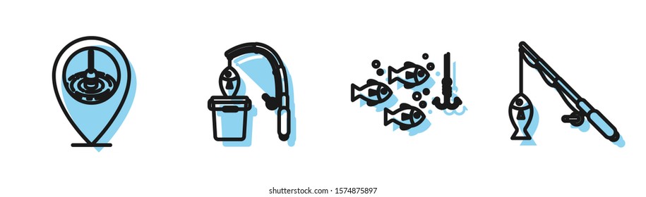 Set line Fishing hook under water with fish, Location fishing, Fishing rod and fish and Fishing rod and fish icon. Vector