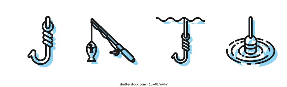 Set line Fishing hook under water, Fishing hook, Fishing rod and fish and Fishing float in water icon. Vector