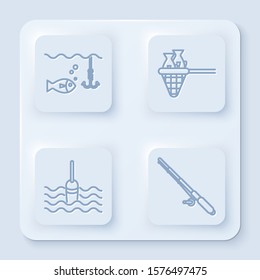 Set line Fishing hook under water with fish, Fishing net with fish, Fishing float in water and Fishing rod. White square button. Vector