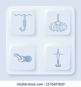 Set line Fishing hook under water, Fishing float in water, Spinning reel for fishing and Fishing hook and float. White square button. Vector