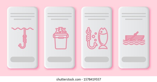 Set line Fishing hook under water, Fishing bucket with fishes, Fishing and Fishing boat with oars on water. White rectangle button. Vector