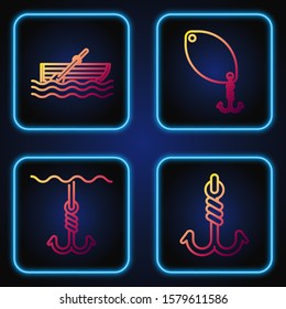 Set line Fishing hook, Fishing hook under water, Fishing boat with oars on water and Fishing spoon. Gradient color icons. Vector