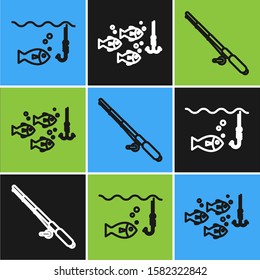 Set line Fishing hook under water with fish, Fishing rod and Fishing hook under water with fish icon. Vector