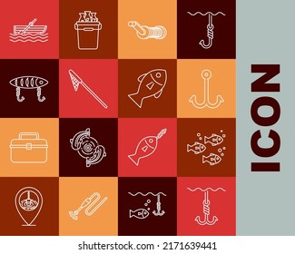 Fijar el anzuelo de la pesca bajo el agua, el carrete giratorio para la pesca, red, señuelo, barco con los remos encendidos y el icono. Vector