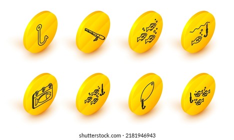 Set line Fishing hook under water with fish, spoon, Calendar, rod and  icon. Vector