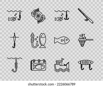 Set line Fishing hook under water, lure, with fish, Calendar, boat fishing rod on and net icon. Vector