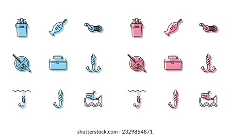 Set line Fishing hook under water, bucket with fishes, boat fishing rod on, Case or box container for wobbler and gear equipment, No and  icon. Vector