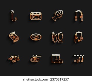 Set line Fishing hook under water with fish, net, boots, trophy hanging on the board, rod and and  icon. Vector