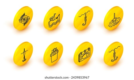 Set line Fishing hook under water, Calendar with fish, bucket fishes, and float, boat fishing rod on and  icon. Vector