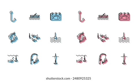 Set line Fishing hook under water with fish, rod and, float,  and boat oars on icon. Vector