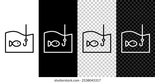 Set line Fishing hook under water with fish icon isolated on black and white background. Fishing tackle.  Vector