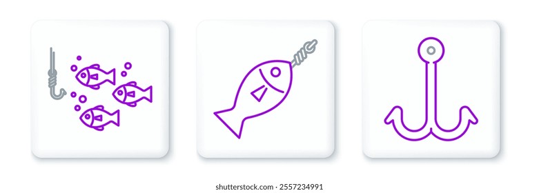 Set line Fishing hook, under water with fish and on icon. Vector