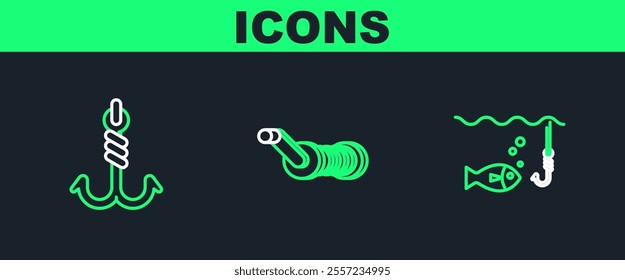 Set line Fishing hook under water with fish,  and Spinning reel for fishing icon. Vector