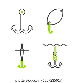 Set line Fishing hook under water, and float, spoon and  icon. Vector