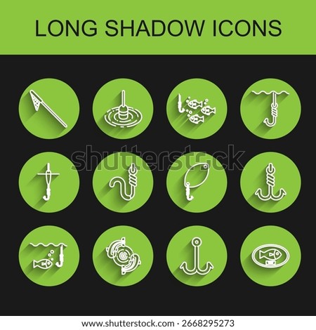 Set line Fishing hook under water with fish, net, trophy hanging on the board, and worm,  and spoon icon. Vector